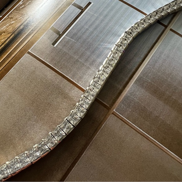 Square Princess Diamond Zirconia Tennis Bracelet 925 Sterling Silver Rhodium - Picture 2 of 5